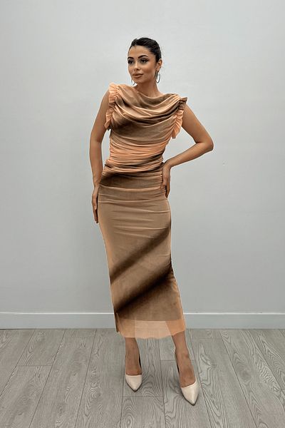 giyimmasalı Orange Pencil Dress - Tulle Patterned and Gather Detailed