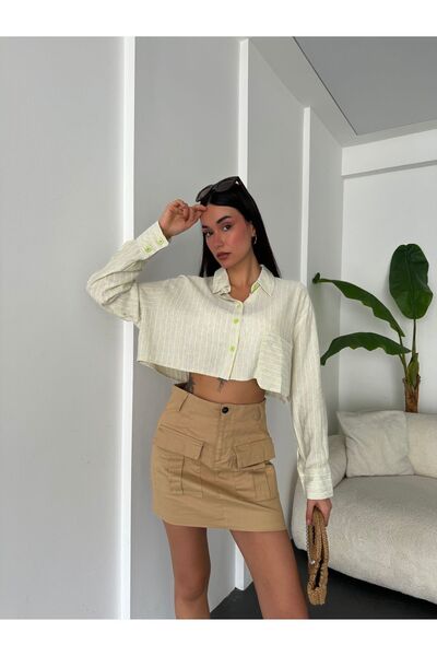 minaaise Cămașă crop de in verde neon - 25417