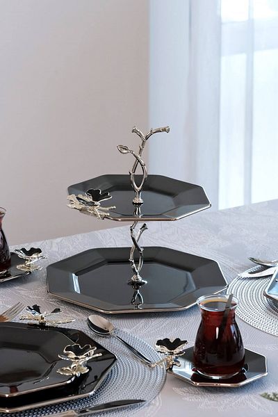 Glore Black Platinum Gilded Dolmabahce Octagonal Glass Cookie Holder