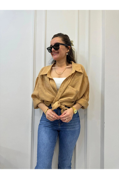 My Blog Oversize košile Camel Color Off-Shoulder