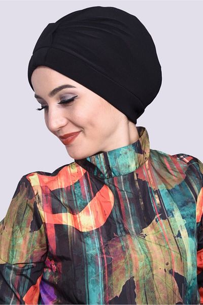 Luna Nueva Hijab Pool Sea Cap (Four SEASONS USE) Black Double Sided Knot Cross Model
