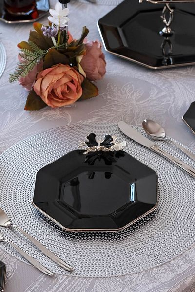 Glore Dolmabahçe Black Platinum Gilded Glass Cake Plate Set for 6 Persons