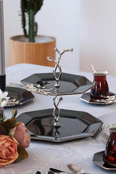 Glore Black Platinum Gilded Dolmabahce Octagonal Glass Cookie Holder