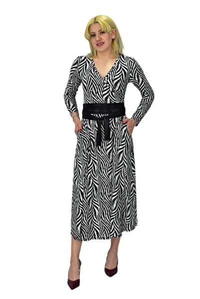 VTN Жіноче плаття з віскози з зебраним візерунком і V-подібним вирізом - BGL-...