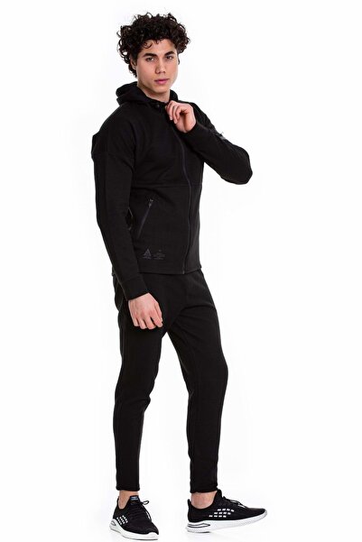 FEROBİ Erkek Fermuarlı Likralı Kapüşonlu Penye Eşofman Takımı Siyah