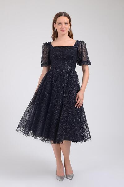 SpringStore Черна балонна рокля с кафява яка и ръкави