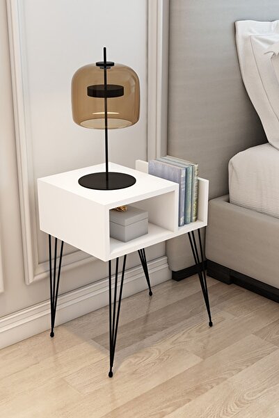 Modalanka Begonya Komodin Sehpa Yatak Yanı Sehpası Gazetelik, Süslük, Kitaplık, Metal Ayak Beyaz