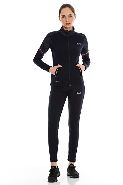 FEROBİ Kadın Fermuarlı Likralı Omzu Desenli Dalgıç Lacivert Eşofman Takımı La...