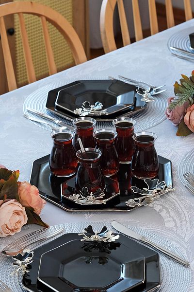 Glore Black Platinum Gilded Dolmabahce Octagonal Glass Tray