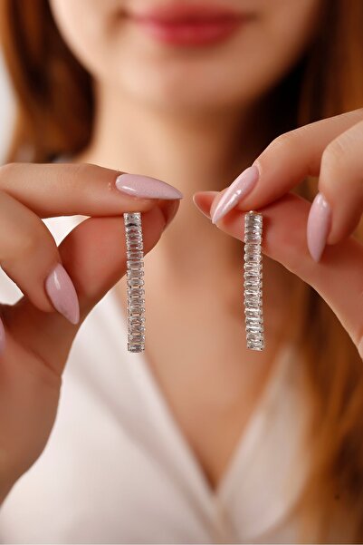 Serelia Zirkon Taşlı Baget Model Silver Küpe