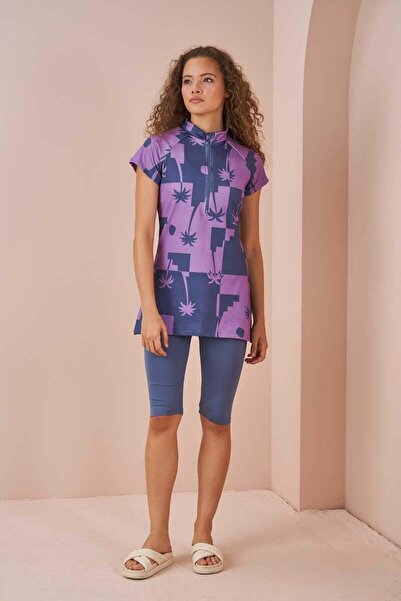 Mevra Indigo Swimsuit - Palm Tree Pattern, Semi Covered