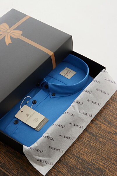 RAVANELLI Vessmen Saks Mavisi Чоловіча сорочка - вузький крій, Slim Fit, бавовняна тканина Oxford, комір з лікра, на ґудзиках, довгі рукави