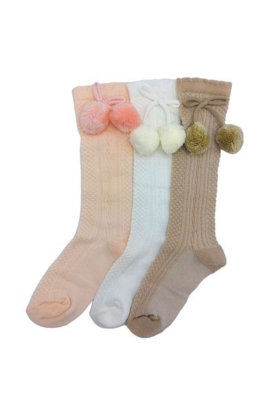 Ollero 3 Pairs Girl's Knee Socks with Pompom