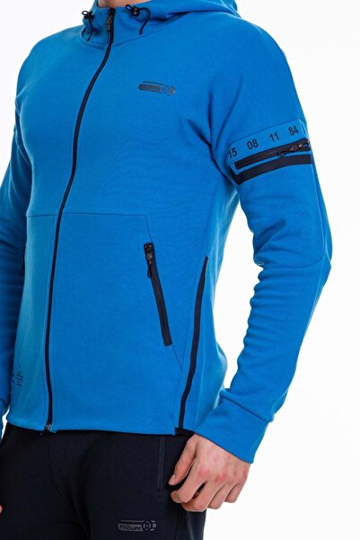 FEROBİ Erkek Fermuarlı Likralı Kapüşonlu Penye Eşofman Takımı Mavi