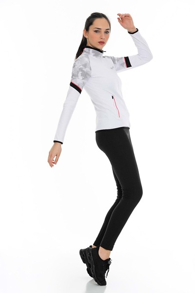 FEROBİ Kadın Fermuarlı Likralı Omzu Desenli Dalgıç Beyaz Eşofman Takımı Beyaz