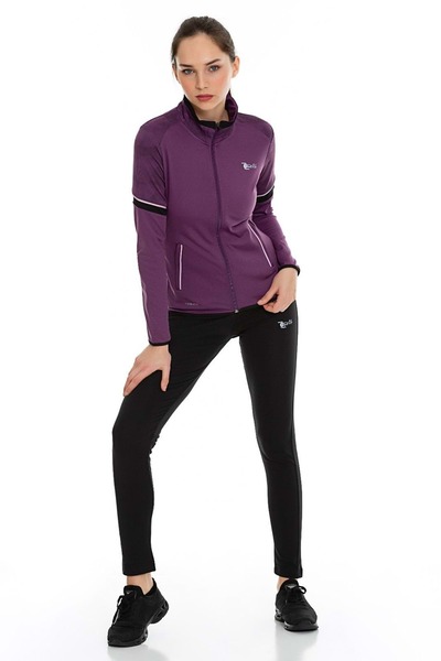 FEROBİ Kadın Fermuarlı Likralı Omzu Desenli Dalgıç Mor Eşofman Takımı Mor