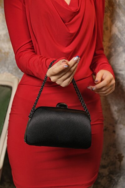 ROZA CANTA Siyah Saten Zincir Askılı El Omuz Abiye Dügün Gece Çantası