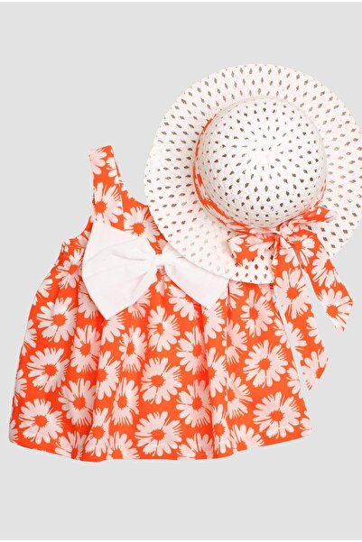 Chicsy Baby Şapkalı Papatya Çiçek Desenli Fiyonklu Esnek Kız Bebek Elbisesi