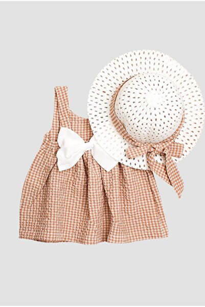 Chicsy Baby Şapkalı Pötikare Desenli Fiyonklu Esnek Kız Bebek Elbisesi