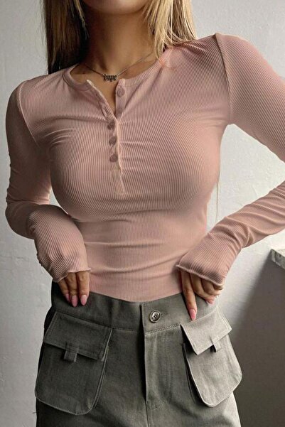 Teenage Millionaire 1 τεμάχιο γυναικείο ροζ κουμπί με λεπτομέρεια με κουμπιά με λαιμόκοψη μακρυμάνικο μπλουζάκι με καμιζόλα