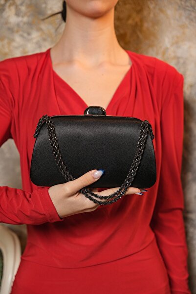 ROZA CANTA Siyah Saten Zincir Askılı El Omuz Abiye Dügün Gece Çantası