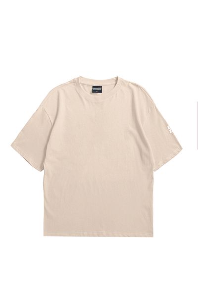 Eazy Co Tricou de bază cu mânecă scurtă, unisex, oversize, cu imprimeu Eazy Beige