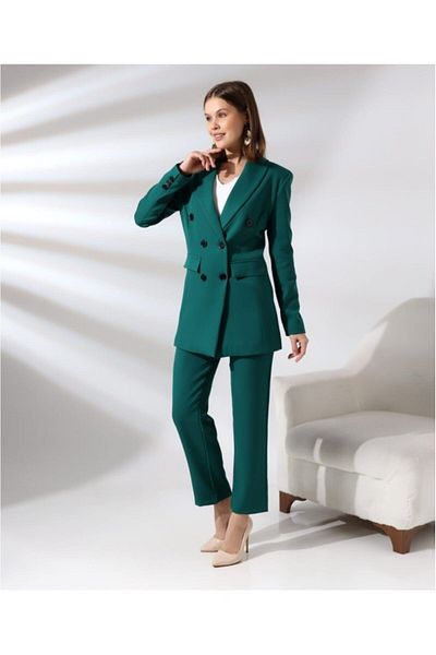 TANE TASARIM Women's Double-breasted Blazer Jacket Cotton Atlak Fabric Trousers Green Suit 024