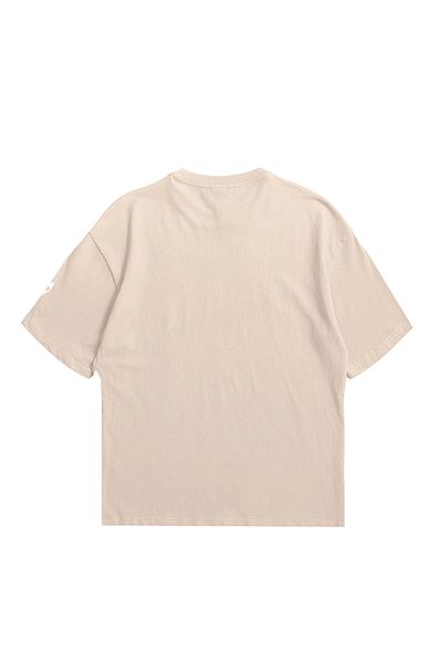 Eazy Co Tricou de bază cu mânecă scurtă, unisex, oversize, cu imprimeu Eazy Beige
