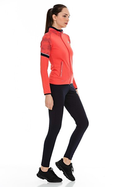 FEROBİ Kadın Fermuarlı Likralı Omzu Desenli Dalgıç Fuşya Eşofman Takımı Mercan