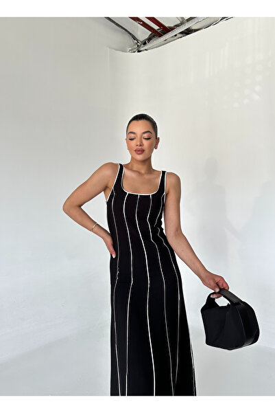Laluvia Black Midi Dress with Thick Straps - Piping Detail