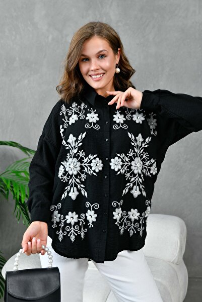 Miss Allos Dámská vyšívaná perlová lněná košile