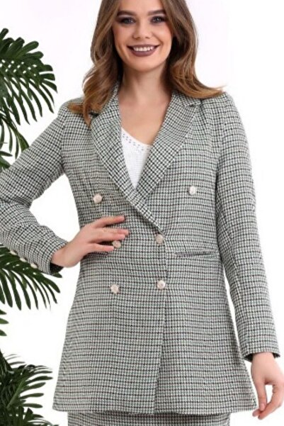 TANE TASARIM Kadın Kruvaze Uzun Blazer Ceket Ekoseli Renkli Blazer Ceket 025