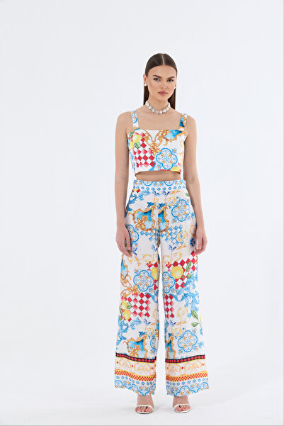 Bohai Design Özel Tasarım Saten Desenli Pantolon Crop Bluz Takım