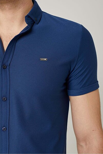 Olivia COONLESS Erkek Kısa Kol Gömlek Koyu mavi