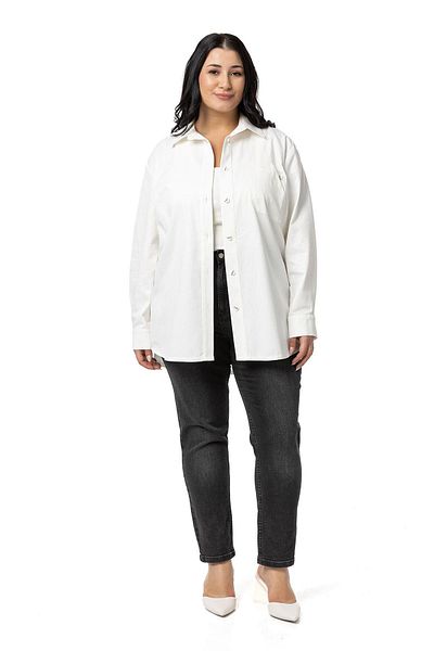 DISENTIS MODEST White Gabardine Jacket - Plus Size, Pocket Detailed Shirt