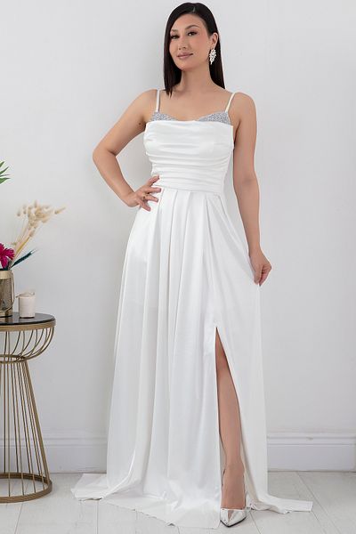 PULLIMM Rochie lungă din satin - Detaliu de piatră pe piept 39850