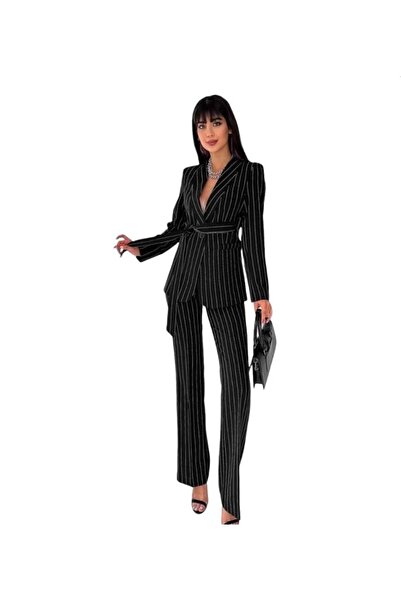 NILOO Striped Women's Suit, Belted Shawl Collar Blazer Jacket