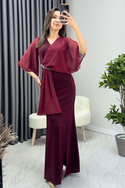 zks grup tekstil Plus Size Glitter and Stone Detailed Long Evening Dress - Burgundy, Gray, Saxe, Green