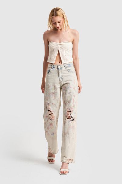 its basic Jeansfarbener Damen-Denim mit Blumendruck – gerades Passform-Design