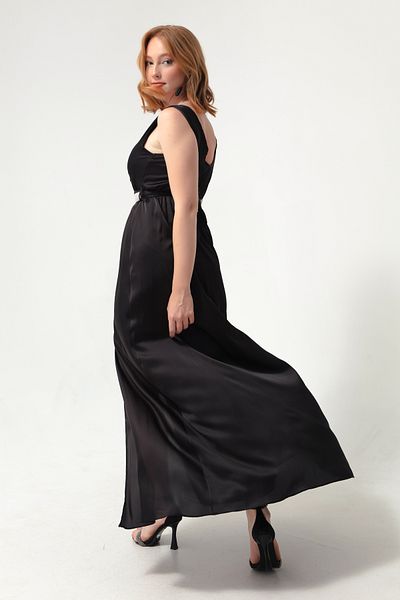 Lafaba Women's Black Double Breasted Collar Stone Belted Long Evening Dress