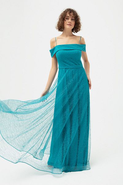OFZE Women's Turquoise Boat Neck Silvery Long Evening Dress