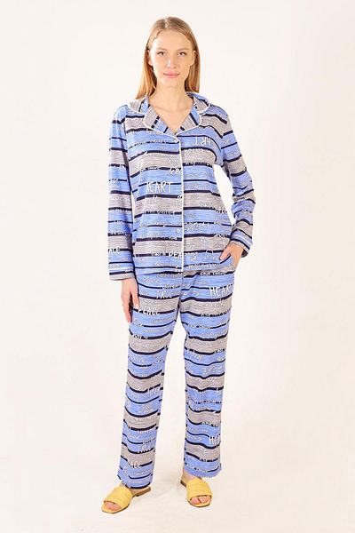 LİVE SPORT Set pijama tricotată 100% bumbac cu imprimeu Metraj Negru Gri Albastru cu Motiv