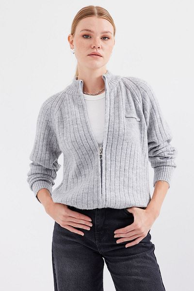 Bigdart 15880 Model Gray Knitwear Zippered Cardigan