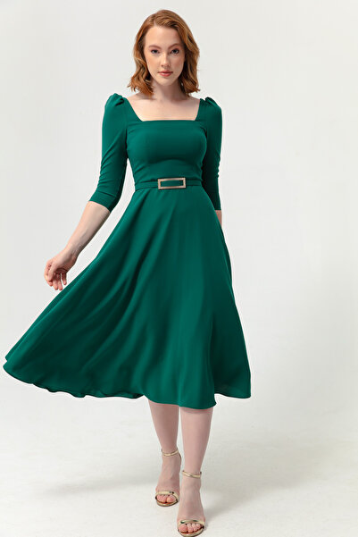 Lafaba Γυναικείο μίντι φόρεμα με τετράγωνο λαιμό πράσινο σμαραγδί