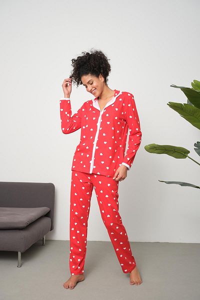 LİVE SPORT Heart Patterned Looked Metrated Women's Pajama Set - 100% Cotton, Buttoned and No Pocket