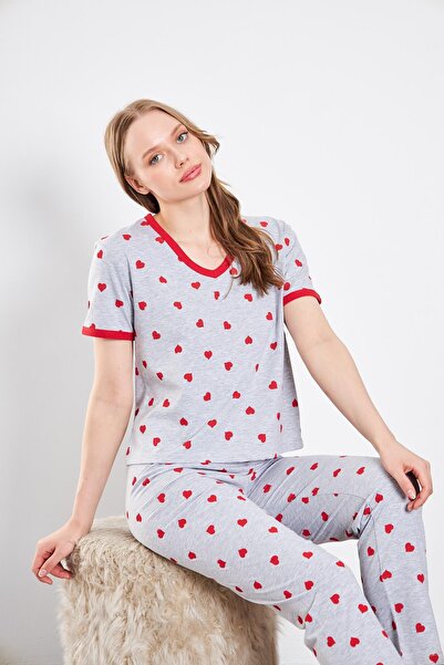 LİVE SPORT Heart Knitted Cotton Pajamas Set - Metraj Printed, Gray T-shirt/pajamas Set of 2