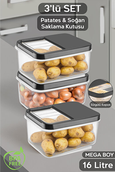 Meleni Home 3'lü 16 Litre Sürgülü Kapak Sebzelik, Patates Soğan Saklama Kabı,...