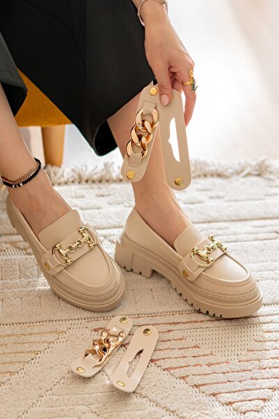 DİVOLYA Beige Movi - 3 διαφορετικά γυναικεία παπούτσια Loafer με πόρπη για καθημερινή χρήση