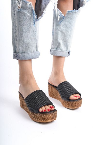 ÜNAL ÖZER Black Straw Patterned - High Sole Wedge Heeled Women's Shoes
