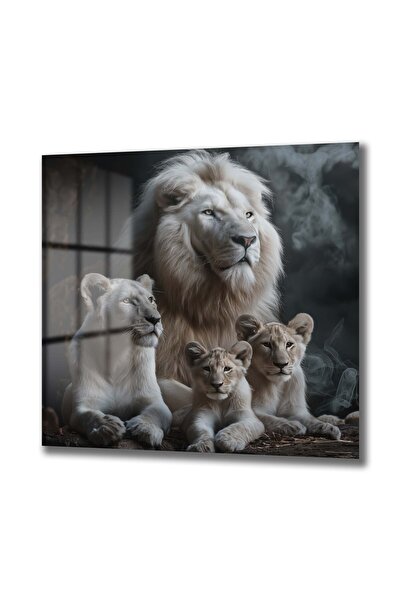 White Lion Family Square Glass Painting